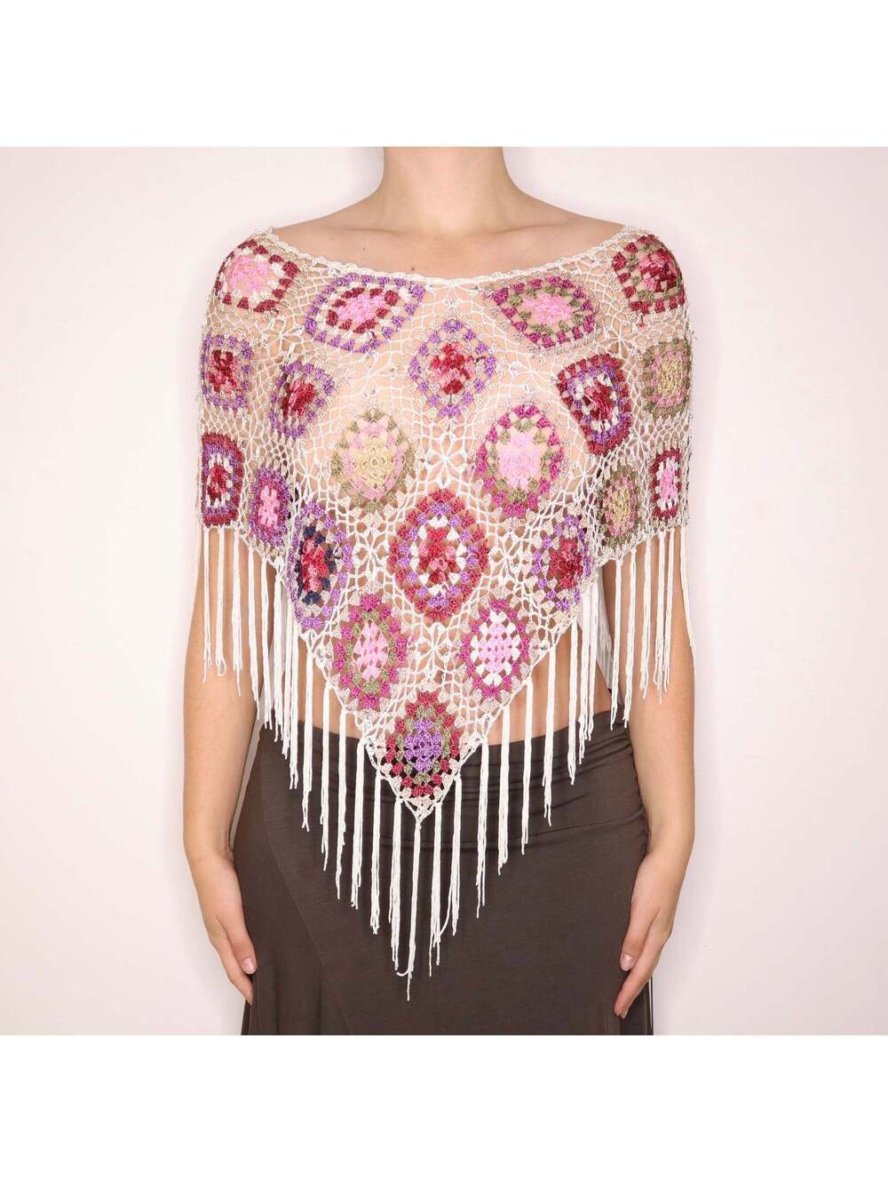 Y2K Pink and White Crochet Beaded Fringe Poncho (S/M/L)
